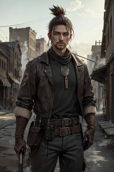 a man with a gun standing in a street in a city