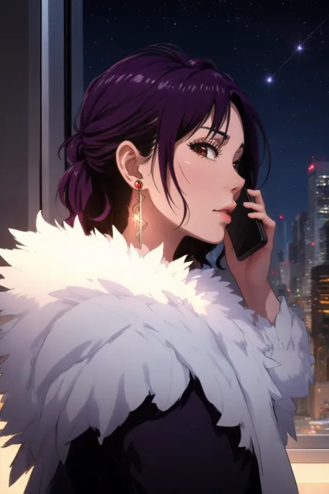 anime girl with purple hair talking on a cell phone in front of a window