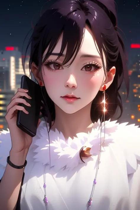 anime girl with black hair and white dress talking on a cell phone