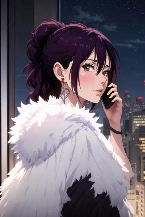 masterpiece, best quality, from behind, night:1.2, beautiful, Mature female, talking on phone, iphone15pro, screen, <lora:iphone15pro:.75>, perfect hands, <lora:hana-nisekoi:0.85>, fur trim, mole, blush, jewelry, earrings, upper body, hana kirisaki, <lora:talking_on_phone_holding:0.8> window, skyline, night, starry sky, purple hair, looking at viewer, <lora:age_slider_v1:-.35>  alluring <lora:add_detail:-.3>