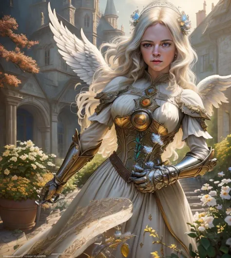 (Cinematic Photo:1.3) of (Masterpiece:1.3)angel warrior girl, dress crystal crystallized yellow pastel ornate drops transparent,...
