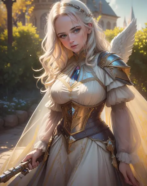 (Cinematic Photo:1.3) of (Masterpiece:1.3)angel warrior girl, dress crystal crystallized yellow pastel ornate drops transparent,...