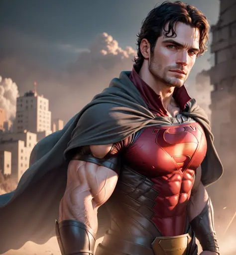 Henry cavill superhero, upper body,cinematic, cape long red, movie, grain movie, building destroyed , realistic , (8k, RAW photo...