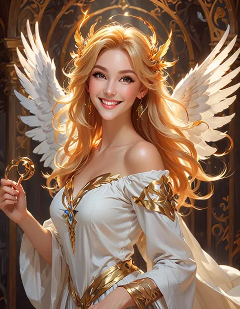 priestess with angelical wings, golden hair, fluorescent eyes, white skin, lipstick, beautiful, goodness, pure, high fantasy, il...