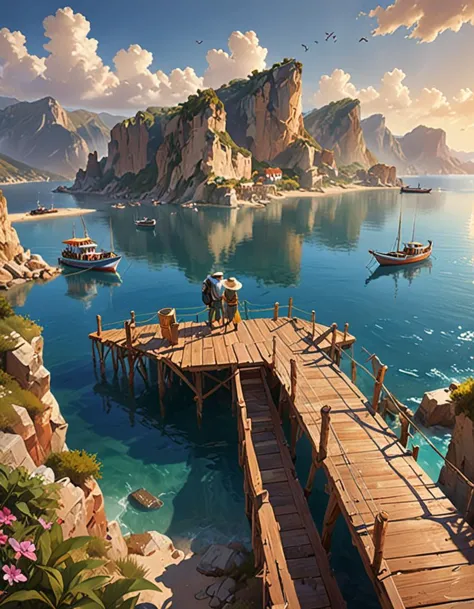 a long wood dock on the water, child at end of dock, big fishing boat leaving the dock with sailors waving, low angle, long lens, sunrise, a mediterranean phoenician fishing village in the distance with chalk cliffs above, highly detailed, digital painting, artstation, concept art, sharp focus, illustration, art by artgerm and greg rutkowski and raphael lacoste and magali villeneuve, nano-enhanced energy plant, nano-powered energy generation, sustainable technologies, clean energy sources <lora:happy_dora_notrigger_v42:1>