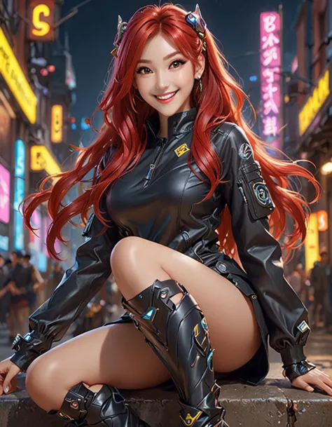 portrait painting of cyberpunk chuu loona kpop smiling cheerfully, ultra realistic, concept art, intricate details, eerie, highl...