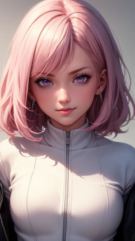 (masterpiece, best quality), intricate details, thin, ((slim)), beautiful girl, Light pink hair, white skin, light purple eyes, sharp jawline, cropped jacket, messy hair, lips, upper body, close up, smirk