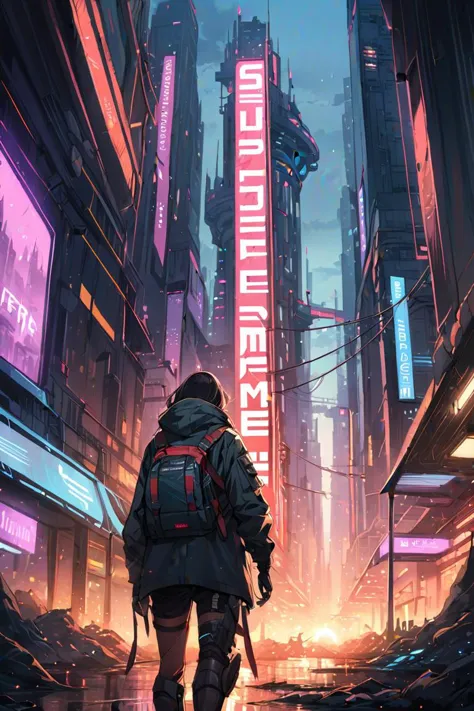 a man walking down a street in a futuristic city