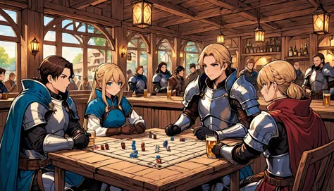 1girl, long blonde hair,  photo of a PaladinLARP a woman with long blonde braided hair surrounded by men, tavern, playing dice game,  <lora:PaladinLARPXLv1:0.8>  dressed in a knight costume teal gambeson steel cuirass pauldrons thigh armour leg guards brown leather boots brown woll cape black pans brown leather belt , outdoor lighting, masterpiece, best quality, anime animation,   <lora:Dreamyvibes artstyle SDXL - Trigger with dreamyvibes artstyle:1> Dreamyvibes Artstyle  <lora:add-detail-xl:2> <lora:EldritchComicsXL1.2:0.85> comic book