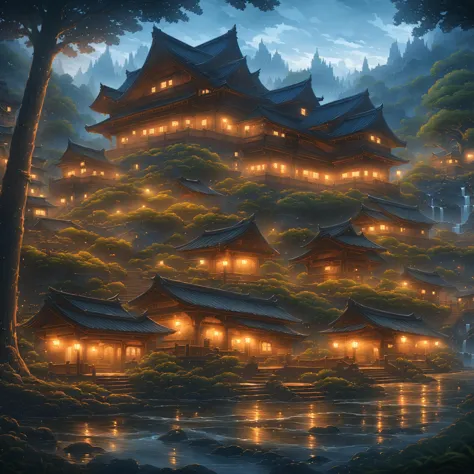 a painting of a japanese pagoda with lights on it