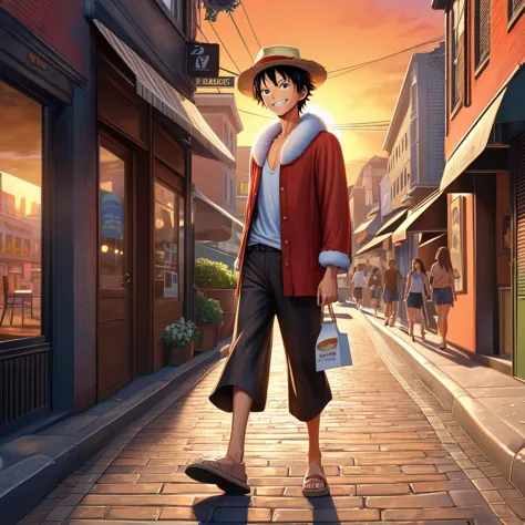 (Ultrarealist:1.0)Monkey Di Luffy stroll through the city and ((Smile:1.0)), 8k realistic hair, ultradetailed background, 2d carton, (soft fur:1.3), expressive eyes, sunset glow , vector, carton,  animation , full body