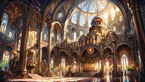 Steampunk, Volumetric Lighting, Neo-Byzantine, masterpiece, best quality, digital painting, illustration, Anime style background, landscapes, background, low exposure, 4k resolution, supreme detail, highly detailed, cinematic lighting, trees, cozy, architecture, grand decorative religious style, Orthodox Christian inspired, Neo-Byzantine, light depth, dramatic atmospheric lighting, Volumetric Lighting, retrofuturistic science fantasy, steam-powered tech, vintage industry, gears, neo-victorian, steampunk