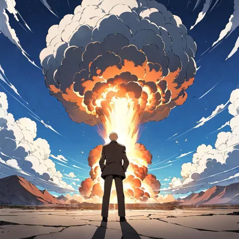 1boy, oppenheimer, facing at camera,  [nuclear explosion behind him], masterpiece, best quality, anime animation,(fullbody shot) ,facing at camera