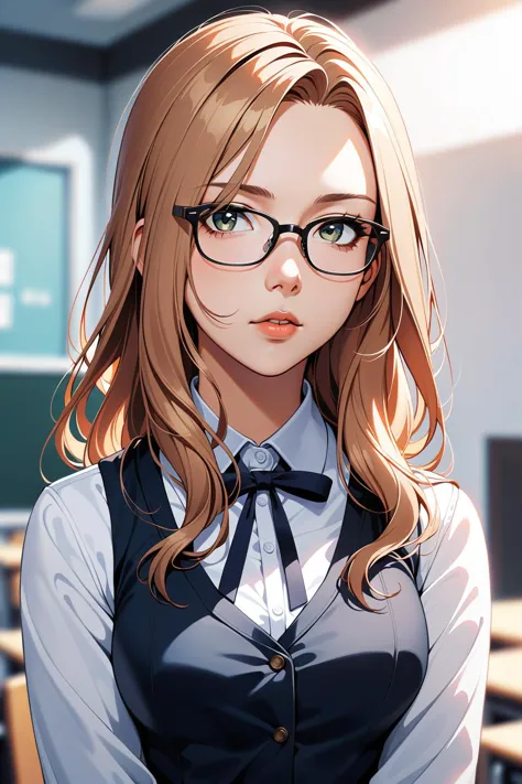 masterpiece,best quality, ((scarlett johansson)),1girl, standing, wearing glasses, teacher outfit, front of classroom,solo,long_hair,( upperbody)