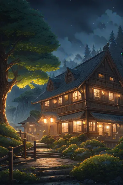 masterpiece, best quality, digital painting, illustration, Anime style background, landscapes, background, low exposure, 4k resolution, supreme detail, highly detailed, cinematic lighting, trees, cozy, architecture