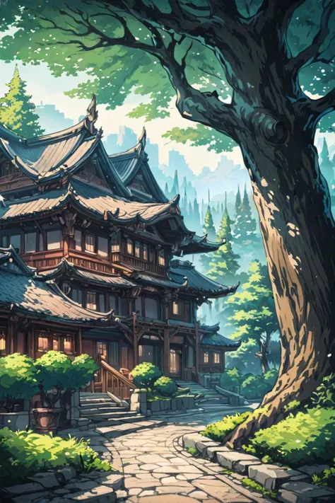 masterpiece, best quality, digital painting, illustration, Anime style background, landscapes, background, low exposure, 4k resolution, supreme detail, highly detailed, cinematic lighting, trees, cozy, architecture