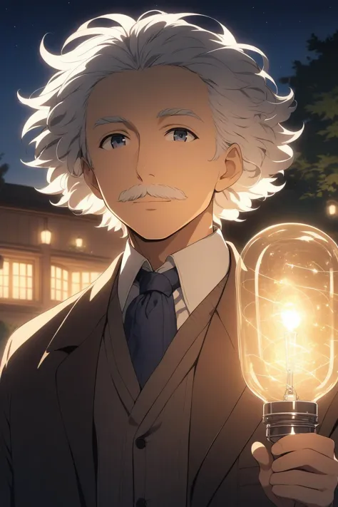 1boy, Einstein, outdoor lighting, masterpiece, best quality, anime animation, upperbody shot