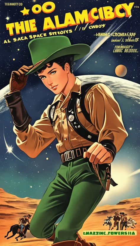 a cover for a comic book, a comic book cover about all space cowboy, 1 cowboy wearing a hat in the style of amazing stories, 1940s 1950s, red and green, comic art, realistic genre scenes, romanticized realism dynamic