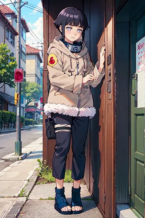 standing, shy, blush,  <lora:HinataHyuga:0.8> hyuuga hinata, 1girl, black hair, short hair, white eyes, no pupils, jacket, coat, forehead protector, fur trim, konohagakure symbol, long sleeves, pant, sandals,, absurdres, ultra detailed, masterpiece, best quality, aesthetic, detailed,