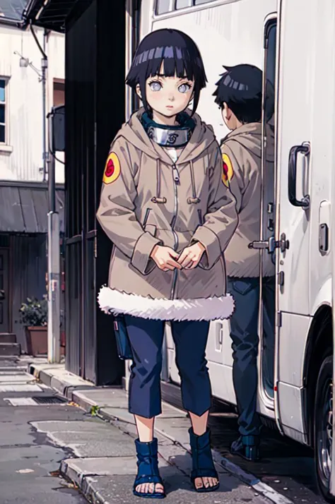 standing, shy, blush,  <lora:HinataHyuga:0.8> hyuuga hinata, 1girl, black hair, short hair, white eyes, no pupils, jacket, coat, forehead protector, fur trim, konohagakure symbol, long sleeves, pant, sandals,  <lora:ponsuke:1>, absurdres, ultra detailed, masterpiece, best quality, aesthetic, detailed,