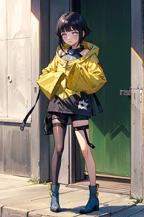 anime girl in yellow raincoat standing on steps in front of a building