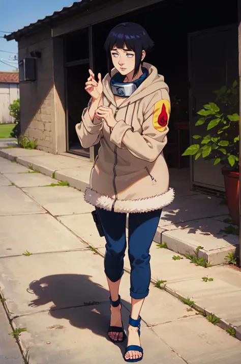 ,solo, shy, blush,  <lora:HinataHyuga:0.8> hyuuga hinata, 1girl, black hair, short hair, white eyes, no pupils, jacket, coat, forehead protector, fur trim, konohagakure symbol, long sleeves, pant, sandals,   <lora:Feguimel [MockAi - v1.0]:0.8> feguimel, soft shading, realistic proportions, <lora:age_slider_v2:3> standing,, absurdres, ultra detailed, masterpiece, best quality, aesthetic, detailed,