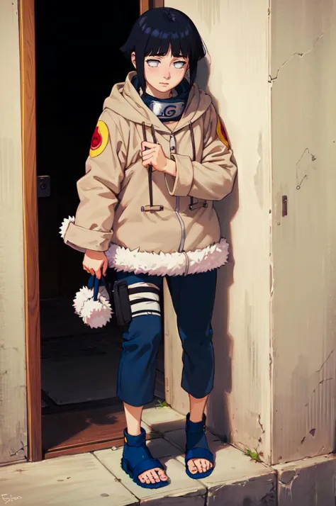 anime character dressed in winter clothing standing in doorway with hand on hip