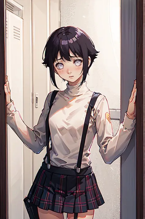 anime girl in a short skirt and white shirt standing in a doorway