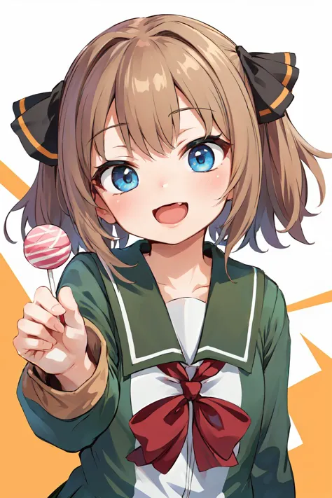 (8k,  masterpiece, best quality, high resolution),
cute face, kawaii, cute, very big eyes, Aesthetic Anime Eyes, small face,
1girl, solo,
<lora:Hachijou-v0.2:0.8> HachijouKC, (hair) ribbon, (neck) ribbon, serafuku, (green) jacket, (green) sailor collar, (green) pleated skirt,
lollipop, incoming gift, giving,
smile, open mouth,