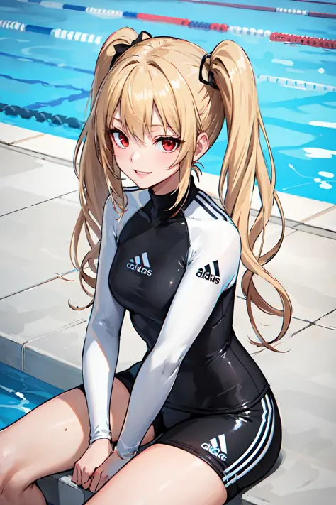 (masterpiece:1.2, best quality), 1lady, solo, upper body, Slender
black Rash Guard, outdoor pool, twintails, red eyes, blonde, s...