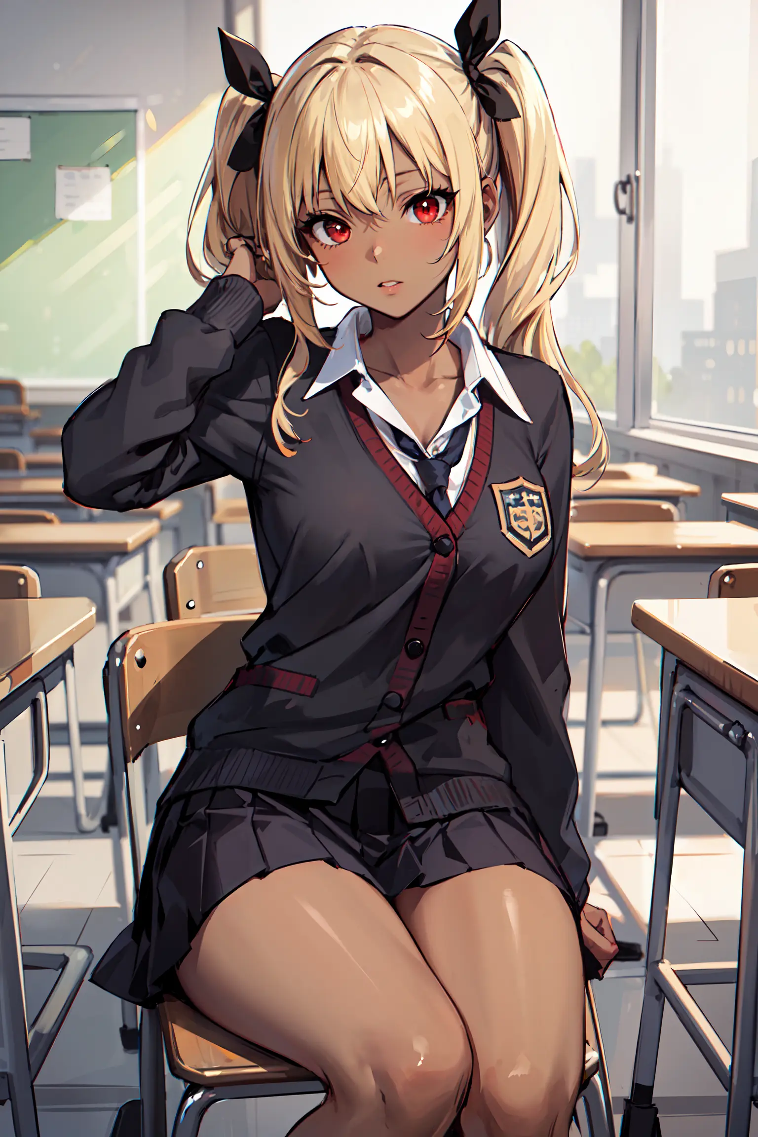 (masterpiece:1.2, best quality), 1lady, solo, , classroom, day, sit, blonde, twintails, red eyes, open collabone, darkskin, (open breasts:1.1),