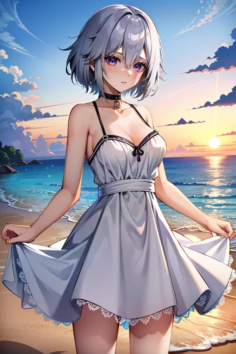 ((ultra detailed, masterpiece, absurdres))
<lora:DOAChristie:0.9>
DOAChristie, 1girl, short hair, white hair, purple eyes, on a beach during a vibrant sunset, sundress, playing with the waves