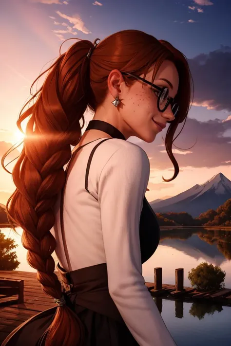 1girl, blush,  closed mouth, earrings, freckles, gradient, jewelry, long hair, long sleeves, looking at viewer, solo, twin braids, upper body, black-framed eyewear, seductive smile, wind, floating hair, wavy hair, light smile, from behind, back, 
masterpiece, best quality, intricate details,sunset, 
a wooden dock leading to a lake with a mountain in the background at sunset or dawn with clouds in the sky,  lake, a picture, neo-romanticism
<lora:backlight_slider_v10:-1> <lora:contrast_slider_v10:3><lora:add_sharpness:1.0><lora:add_sharpness:1.0>