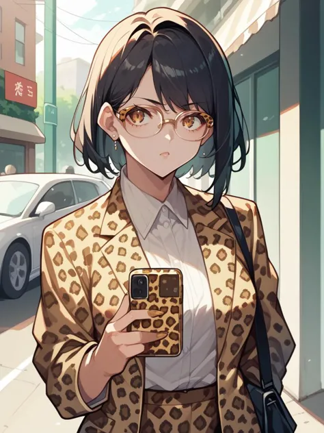 score_9,score_8_up,score_7_up,source_anime,1girls,<lora:leopard_p_pony:1>,leopard print,animal print,using smartphone,street,upper body,business suit,black hair,glasses,