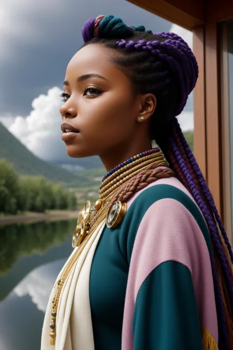 a woman with purple hair and a colorful top standing by a lake