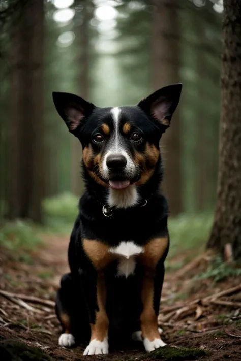 arafed dog sitting in the woods looking at the camera