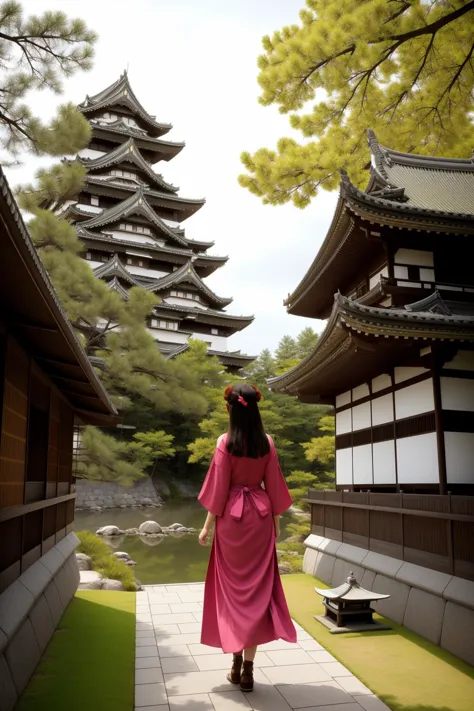 araffe walking in front of a pagoda in a pink dress