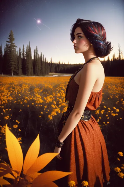 arafed woman in a field of flowers with a sunflower