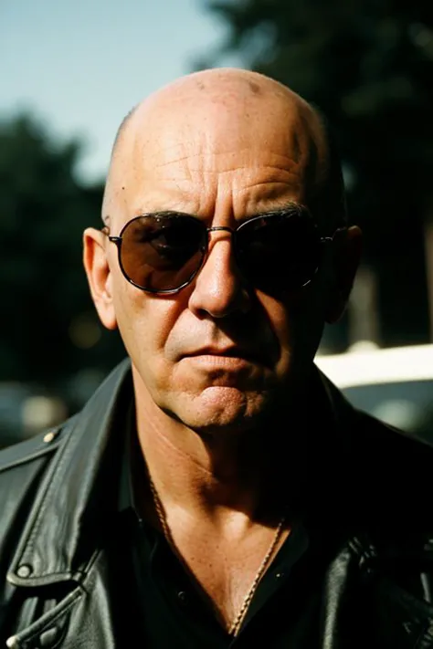 cinematic still 1man,sunglasses,bald,hunter s thompson, . emotional, harmonious, vignette, highly detailed, high budget, bokeh, ...