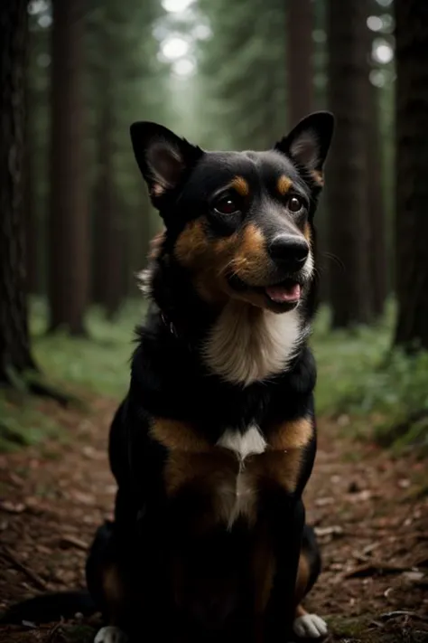 arafed dog sitting in the woods looking at the camera