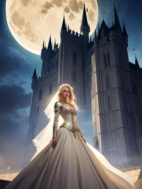 european woman, with medium length bright blonde hair and pale skin, wearing heavy armoured wedding dress, in a castle night, wi...