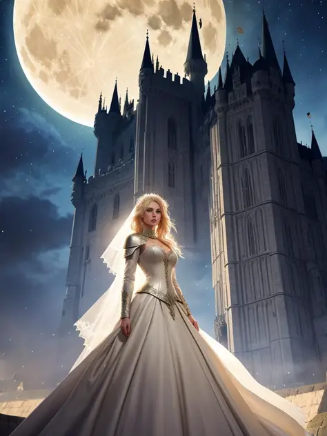 european woman, with medium length bright blonde hair and pale skin, wearing heavy armoured wedding dress, in a castle night, with a big moon in the sky, cool colors, dramatic lighting, illustration by greg rutkowski, yoji shinkawa, 4 k, digital art, concept art, trending on artstation