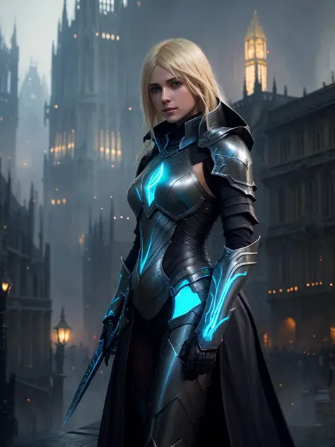 european woman, with medium length bright blonde hair and light blue eyes, sleek glossy black wraithbone armor, glowing magic, m...