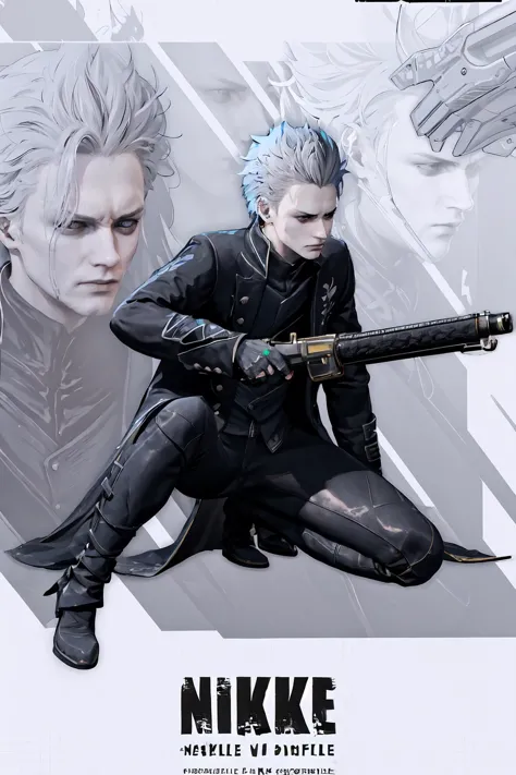 1boy, incrsnikkeprofile, <lora:nikkeprofile:1>, full body, zoom layer, holding weapon, holding gun, one knee, vergil(dmc5), <lor...