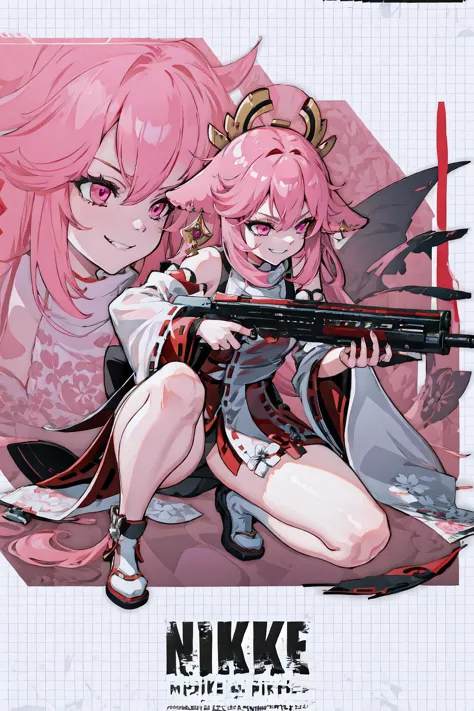 1girl, incrsnikkeprofile, <lora:nikkeprofile:1>, full body, zoom layer, holding weapon, holding gun, one knee, yae miko, pink ey...