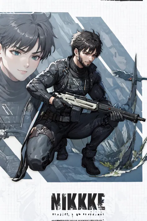 1boy, IncrsNikkeProfile, <lora:NikkeProfile:1>, full body, zoom layer, holding weapon, holding gun, one knee, gigachad, <lora:Char_Sigmas_GigaChad:0.8>, black hair,