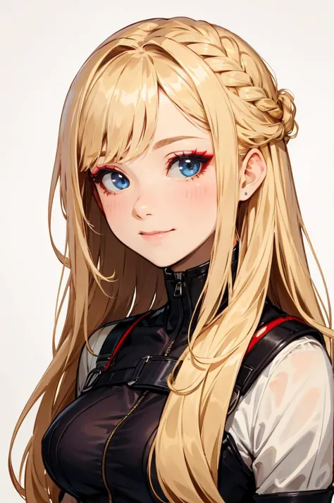 <lora:RedEyeLiner-v1.0:0.65>, absurdres, ultra detailed, masterpiece, best quality, aesthetic, detailed,, solo, soft smile, light smile,
katya1, 1girl, blue eyes, very long hair, blonde hair, long blonde hair, french braid, bangs, medium breasts,