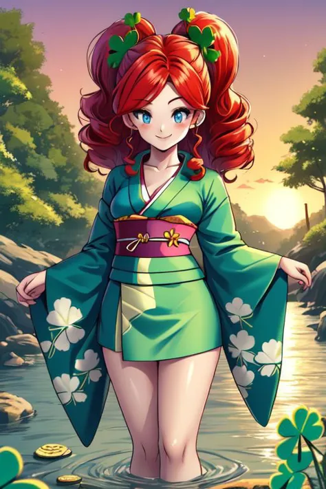 clover, four-leaf clover, light particles, Green color kimono, toriyama akira, Red hair, Freckles, bttrfrckl, Clover Kimono, gold coins, gold coins on ground, Irish, mega twintails, Adult, medium breasts, cleavage, floral print kimono, breasts, 
Smiling, closed mouth, Irish Kimono, Green Kimono, four-leaf-clover kimono, Curly hair, Blue Eyes, Happy, surprise, Forest background, closed mouth, sunset, river, skirt, legs, solo, 1girl, sarashi, perfect eyes,