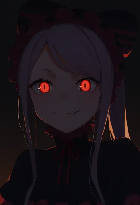 a girl with red eyes and long hair in a dark room