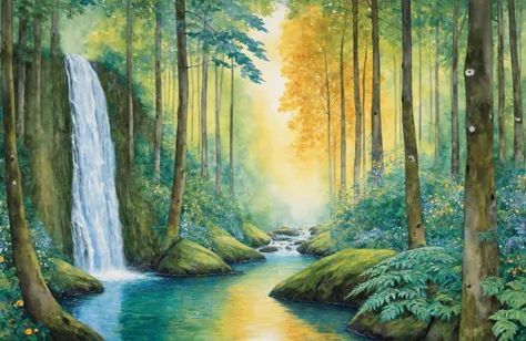 painting of a waterfall in a forest with a stream running through it